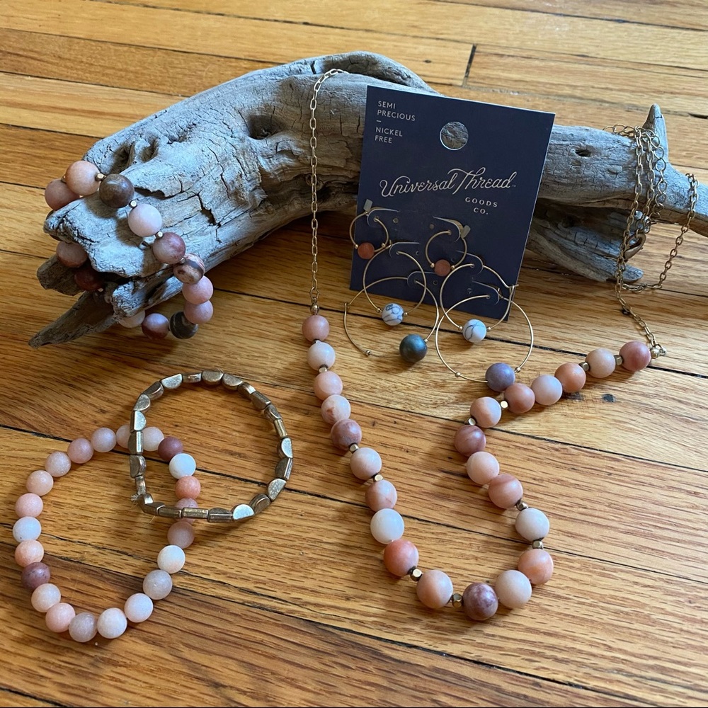Set, Universal Thread Semi Precious Stone Necklace Bracelet Hoop Earrings